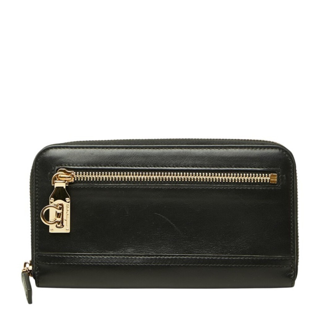 Salvatore Ferragamo Gancini Round Zip Long Wallet, Black Leather, Women's